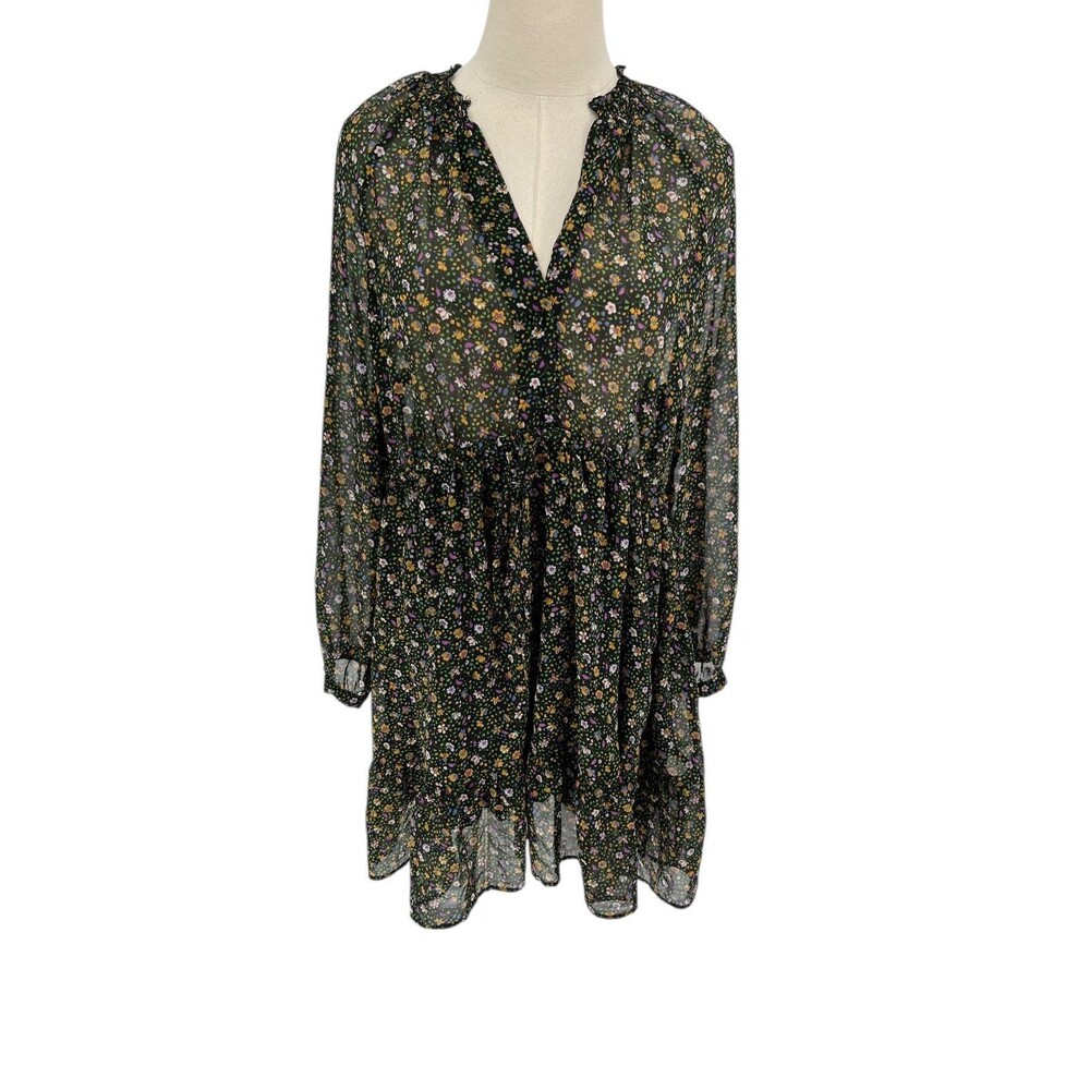 Zara Dress Women's Size XL Black Floral Mini Sheer Ruffle Tiered Boho